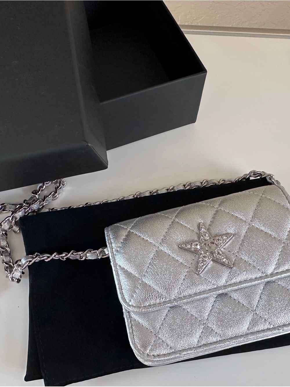 CHANEL Silver Quilted Star Shoulder Bag-NEW